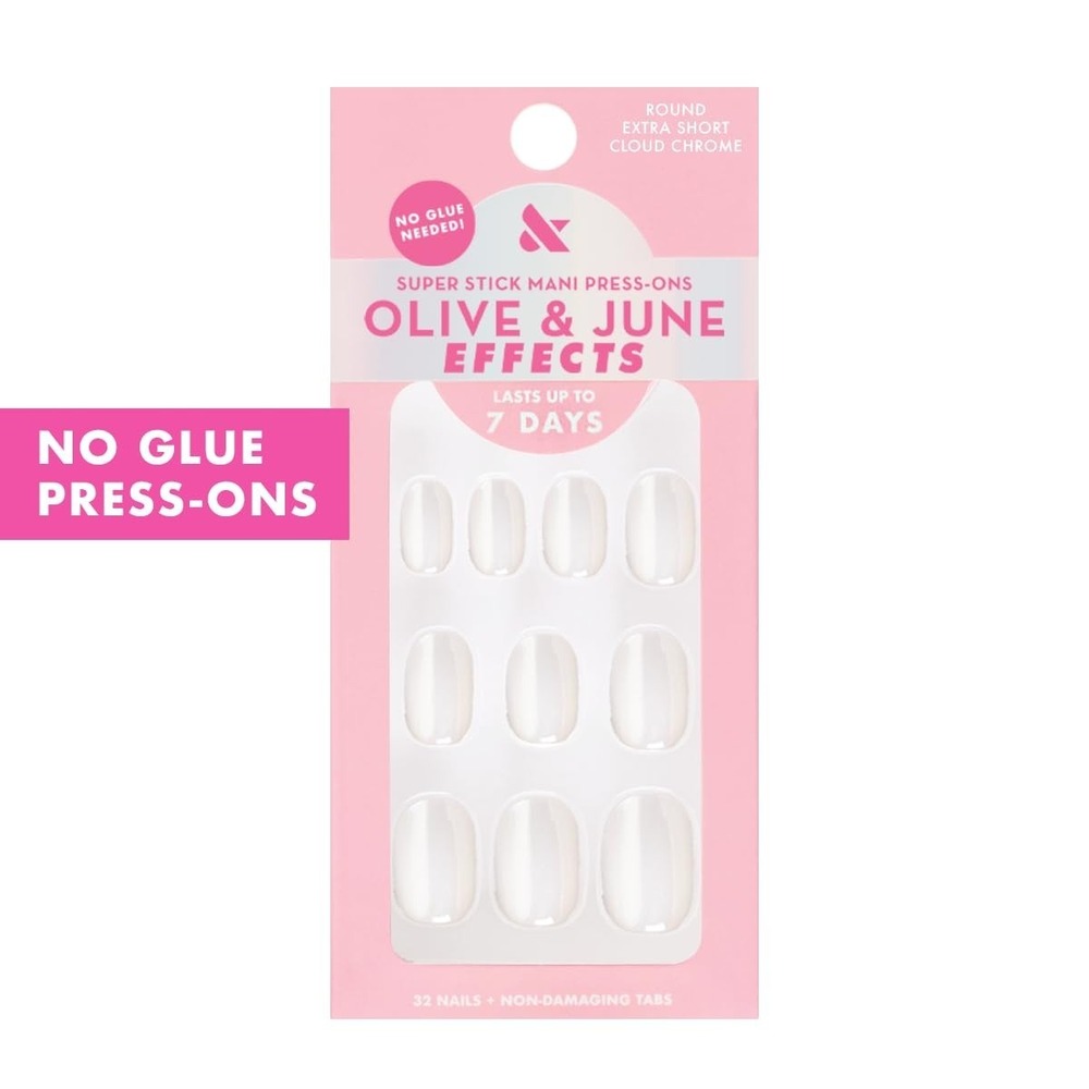 Olive & June Press On Nails The Super Stick Mani Round  Extra Short Cloud Chrome